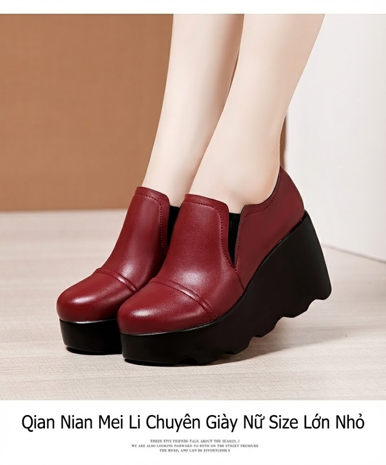 Giày Lười Nữ Đế Xuồng Chiều Cao Đế 8cm Da Bóng Mũi Tròn Màu Đen, Đỏ Rượu Vang chi tiết 13