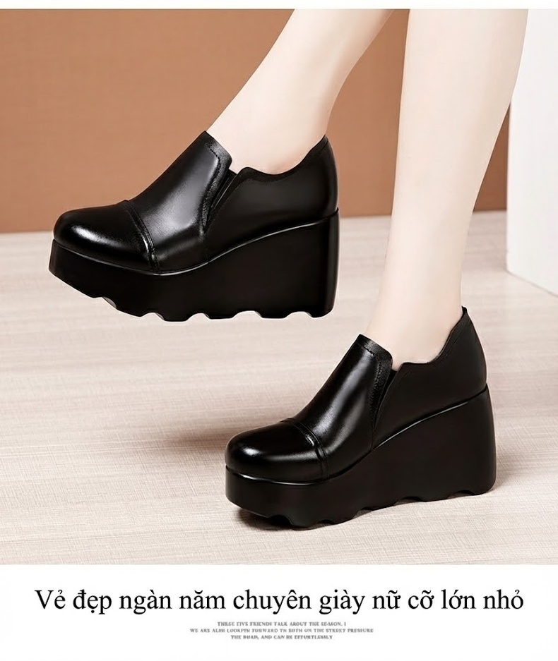Giày Lười Nữ Đế Xuồng Chiều Cao Đế 8cm Da Bóng Mũi Tròn Màu Đen, Đỏ Rượu Vang chi tiết 14