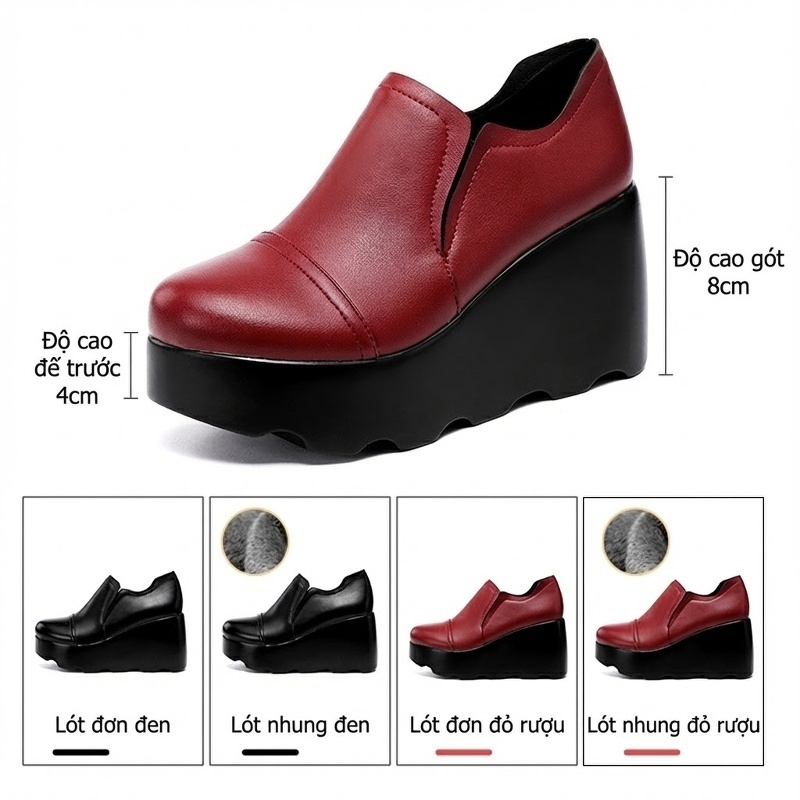 Giày Lười Nữ Đế Xuồng Chiều Cao Đế 8cm Da Bóng Mũi Tròn Màu Đen, Đỏ Rượu Vang