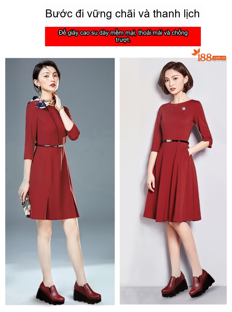 Giày Lười Nữ Đế Xuồng Chiều Cao Đế 8cm Da Bóng Mũi Tròn Màu Đen, Đỏ Rượu Vang chi tiết 2