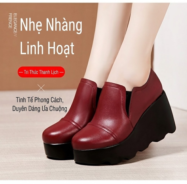 Giày Lười Nữ Đế Xuồng Chiều Cao Đế 8cm Da Bóng Mũi Tròn Màu Đen, Đỏ Rượu Vang chi tiết 3