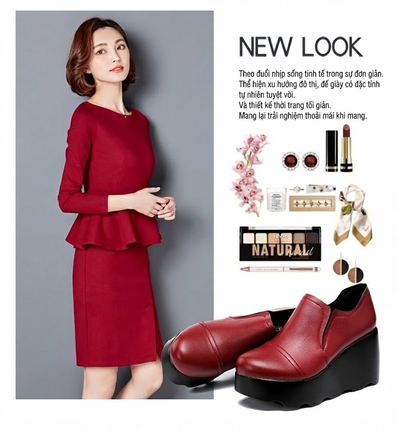 Giày Lười Nữ Đế Xuồng Chiều Cao Đế 8cm Da Bóng Mũi Tròn Màu Đen, Đỏ Rượu Vang chi tiết 4