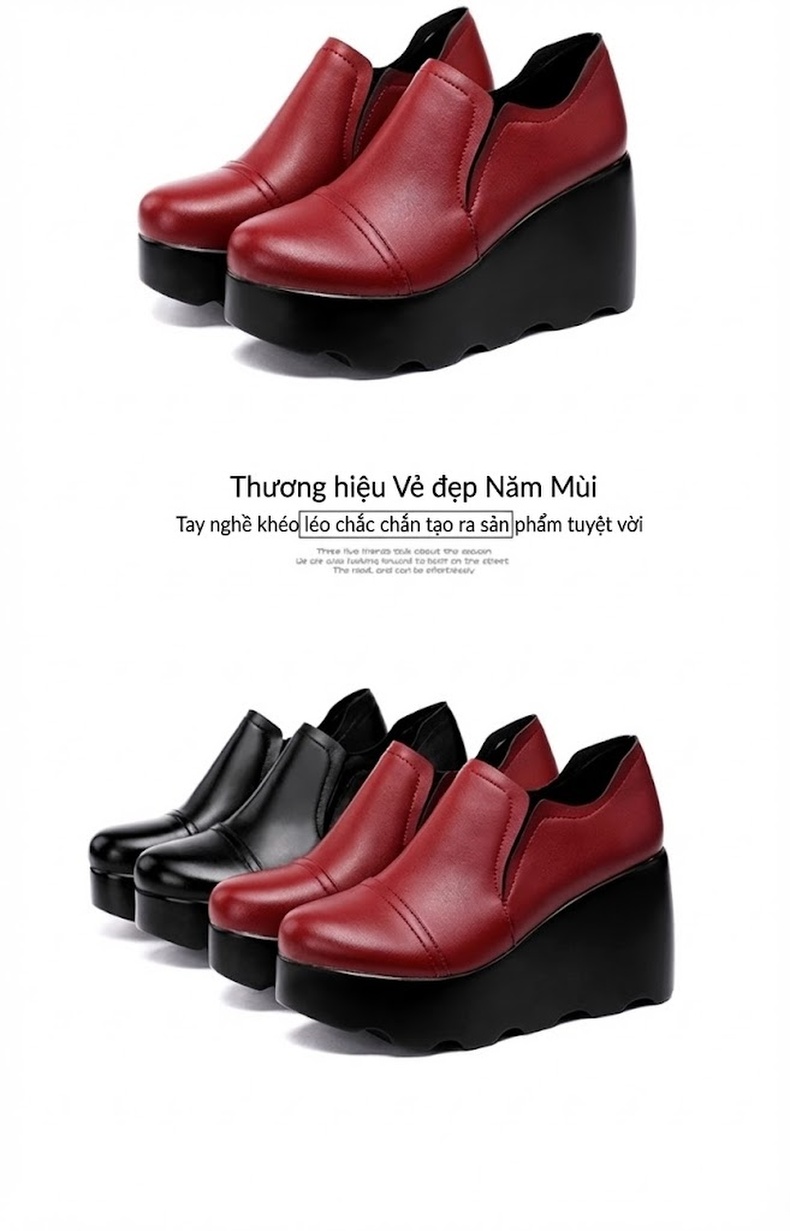 Giày Lười Nữ Đế Xuồng Chiều Cao Đế 8cm Da Bóng Mũi Tròn Màu Đen, Đỏ Rượu Vang chi tiết 18
