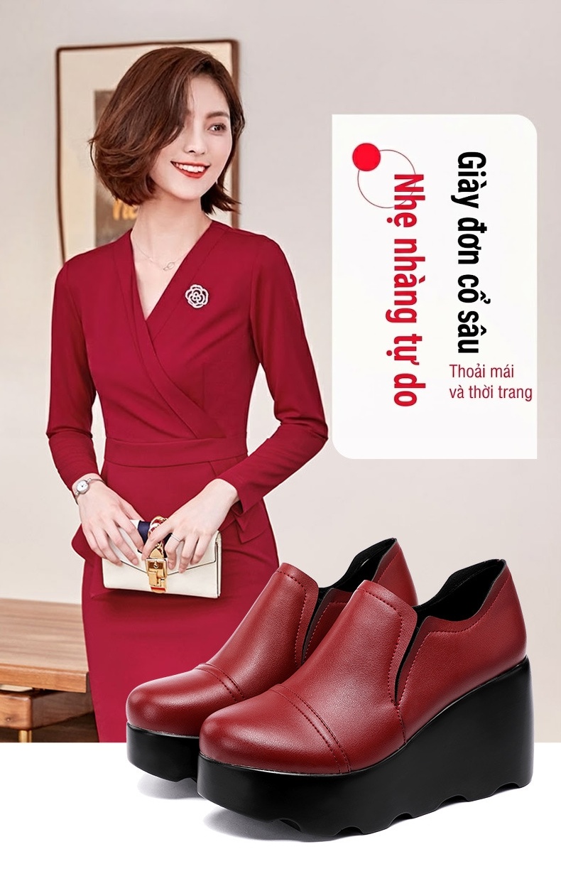 Giày Lười Nữ Đế Xuồng Chiều Cao Đế 8cm Da Bóng Mũi Tròn Màu Đen, Đỏ Rượu Vang chi tiết 1