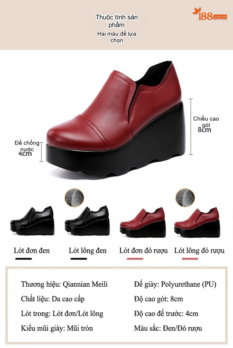 Giày Lười Nữ Đế Xuồng Chiều Cao Đế 8cm Da Bóng Mũi Tròn Màu Đen, Đỏ Rượu Vang chi tiết 5