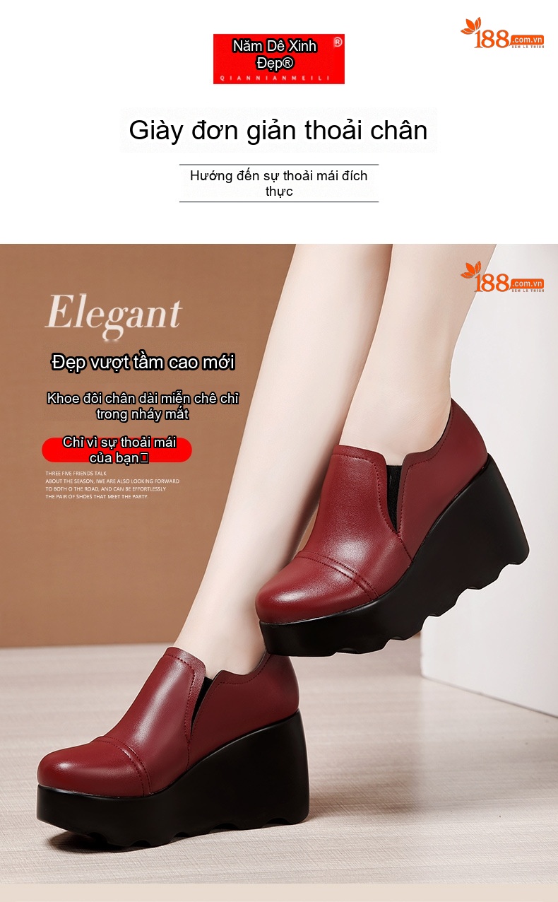 Giày Lười Nữ Đế Xuồng Chiều Cao Đế 8cm Da Bóng Mũi Tròn Màu Đen, Đỏ Rượu Vang chi tiết 6