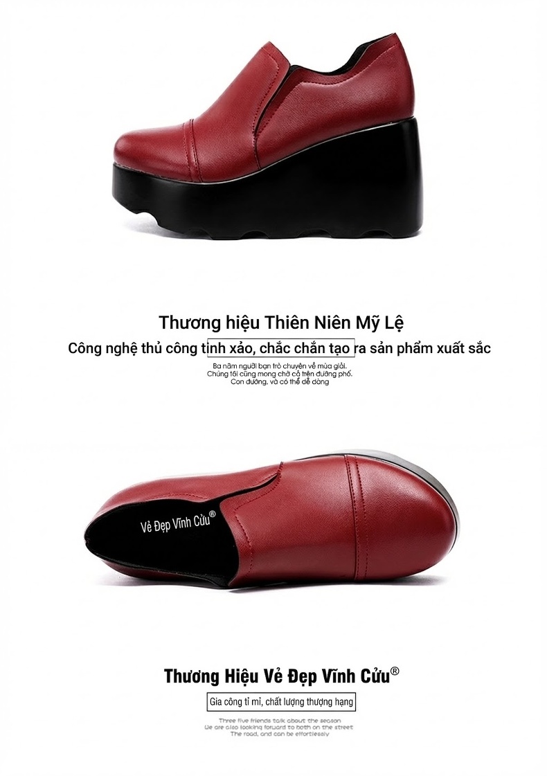 Giày Lười Nữ Đế Xuồng Chiều Cao Đế 8cm Da Bóng Mũi Tròn Màu Đen, Đỏ Rượu Vang chi tiết 17