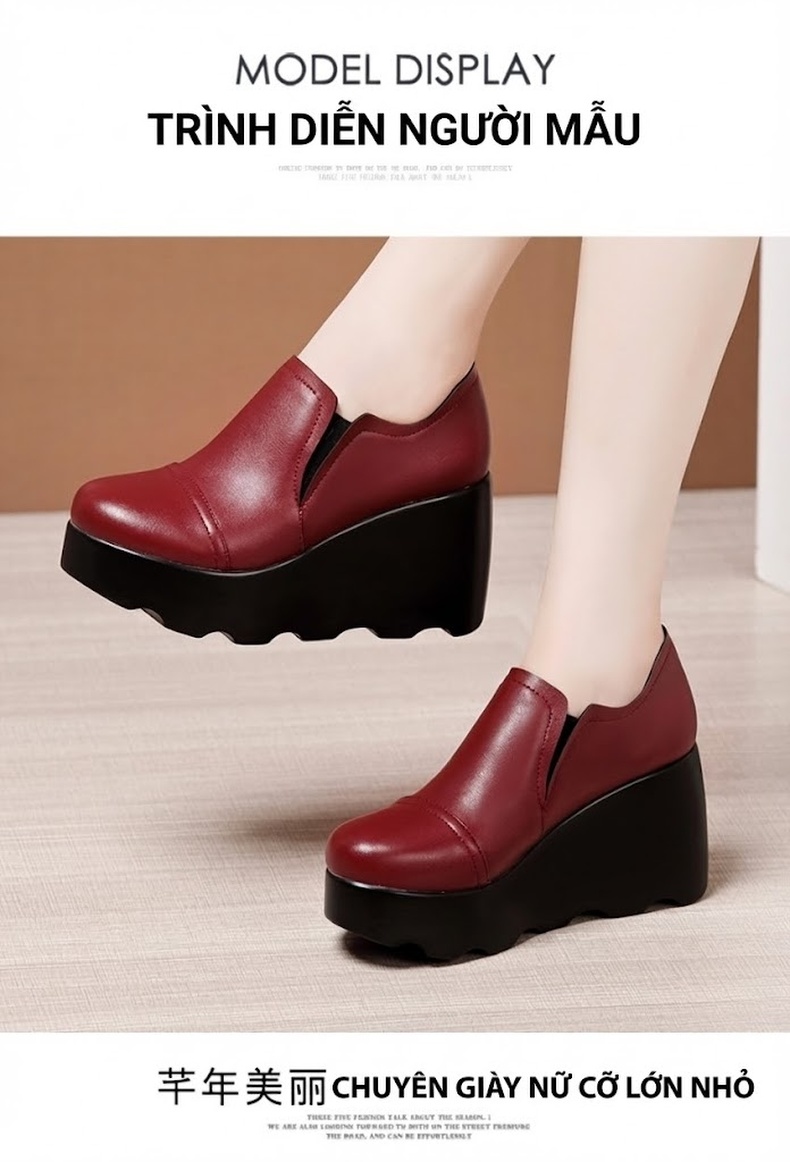 Giày Lười Nữ Đế Xuồng Chiều Cao Đế 8cm Da Bóng Mũi Tròn Màu Đen, Đỏ Rượu Vang chi tiết 11