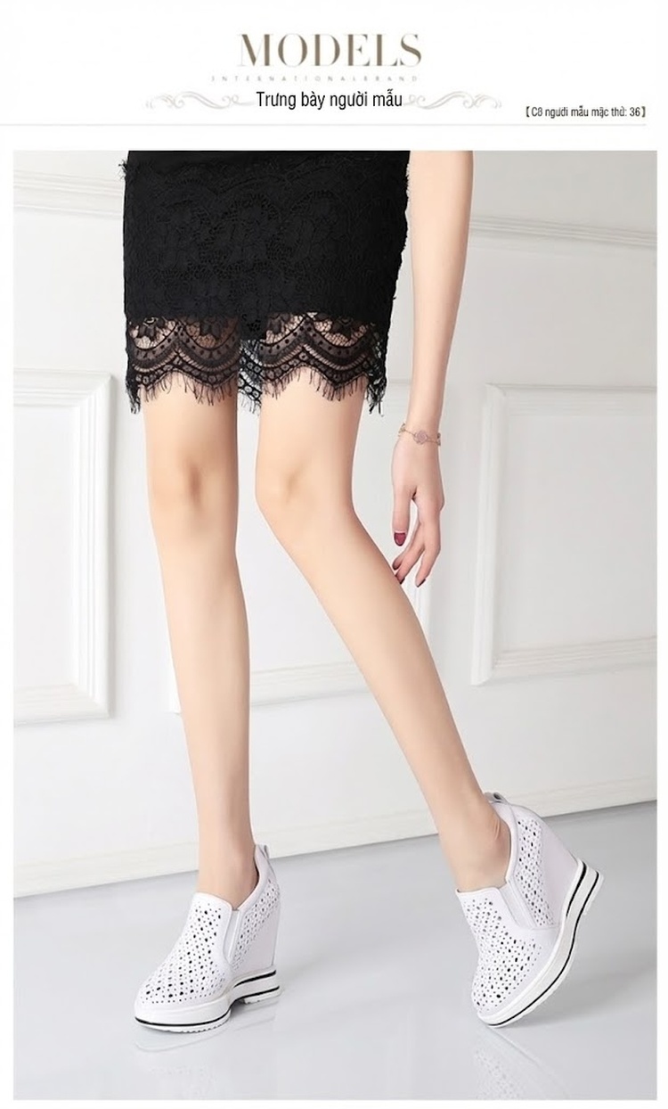 Giày Lười Nữ Đế Xuồng Tăng Chiều Cao Khoảng 12cm Da Mờ Lưới Thoáng Khí Màu Đen, Trắng chi tiết 1