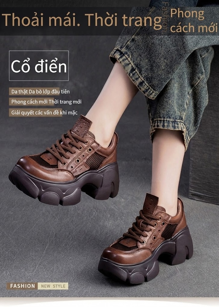 Giày Lười Nữ Lưới Thoáng Khí Chiều Cao Đế Khoảng 5cm Màu Nâu, Đen, Kem chi tiết 1