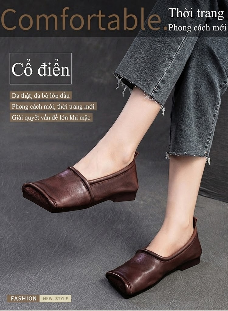 Giày Lười Nữ Mũi Vuông Da Bóng Đế Bệt Chiều Cao Đế Khoảng 1cm Màu Đen, Nâu chi tiết 1
