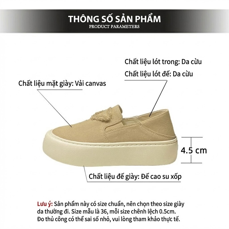 Giày Lười Nữ Vải Canvas Đế Dày Chiều Cao Đế 4.5cm Màu Trắng, Kem, Xanh Navy