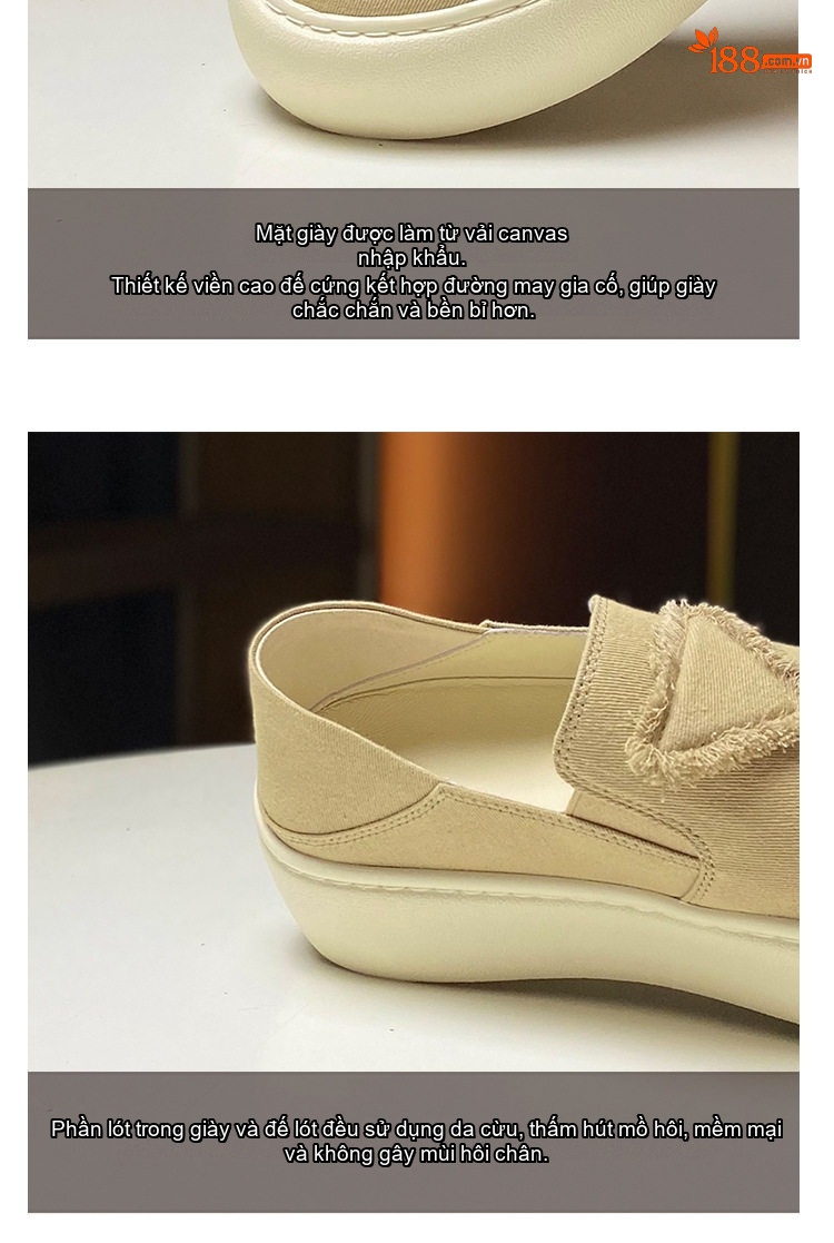 Giày Lười Nữ Vải Canvas Đế Dày Chiều Cao Đế 4.5cm Màu Trắng, Kem, Xanh Navy chi tiết 4