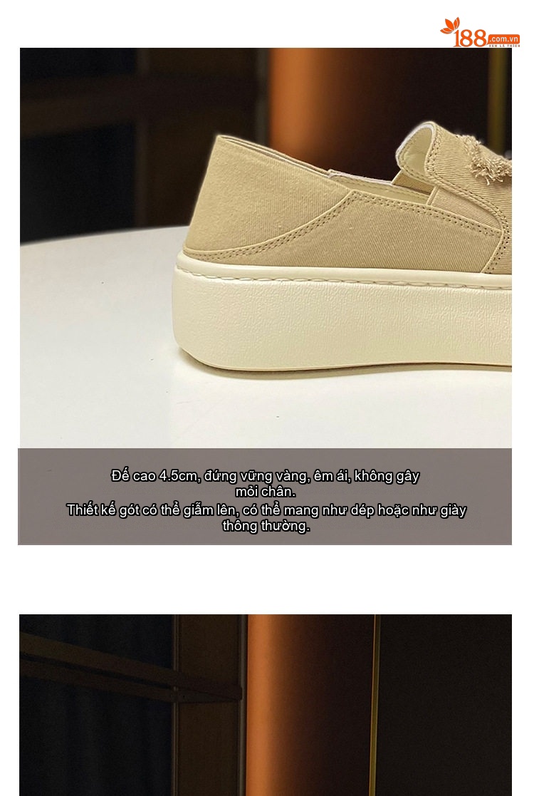 Giày Lười Nữ Vải Canvas Đế Dày Chiều Cao Đế 4.5cm Màu Trắng, Kem, Xanh Navy chi tiết 5