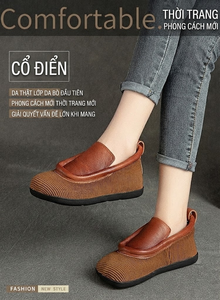 Giày Lười Nữ Vải Dệt Bề Mặt Da Chiều Cao Đế Khoảng 1cm Màu Nâu, Đen chi tiết 2