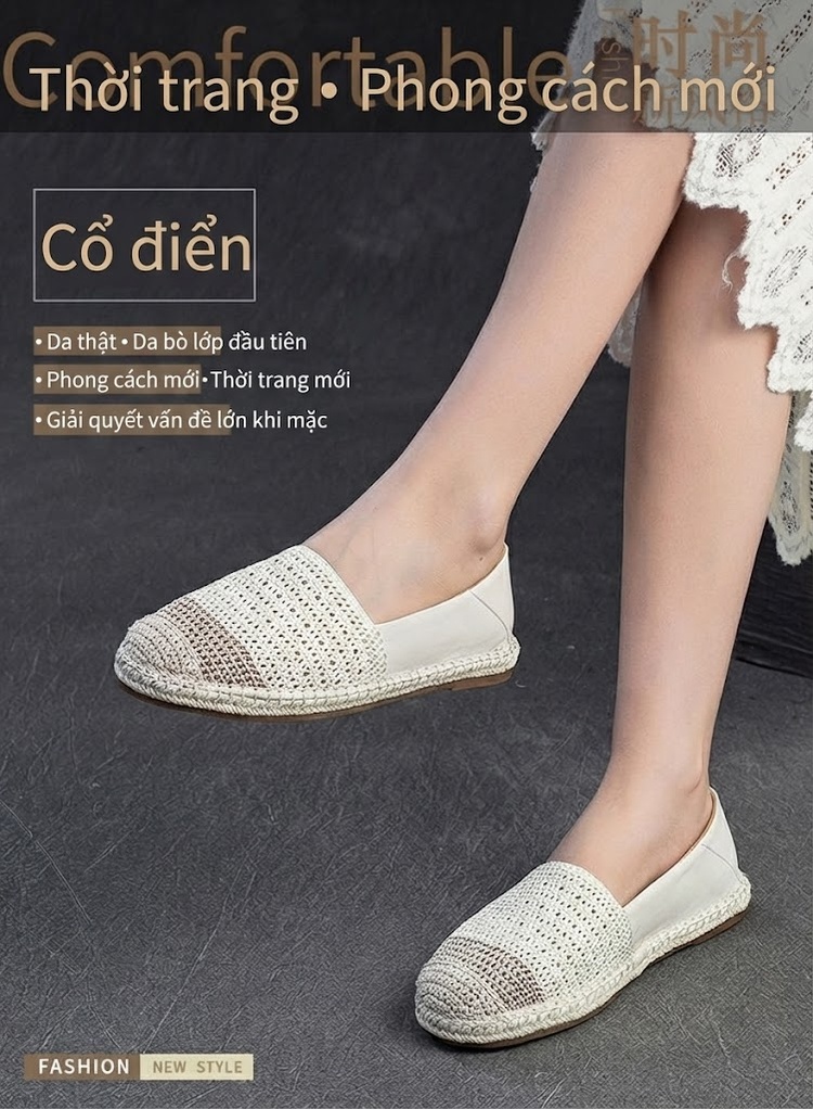 Giày Lười Nữ Vải Dệt Mùa Hè Chiều Cao Đế Khoảng 2cm Màu Kem, Nâu chi tiết 2