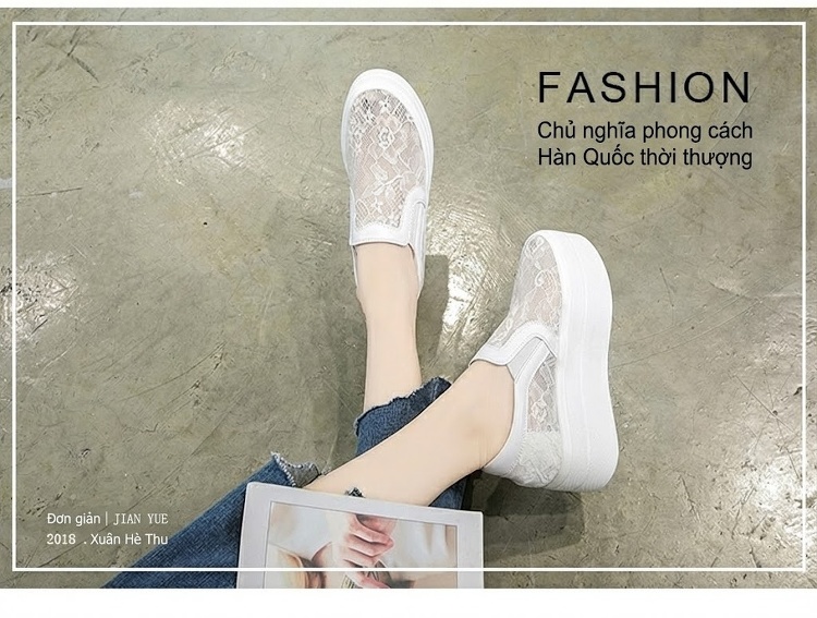 Giày Lười Nữ Vải Lưới Lỗ Thoáng Khí Chiều Cao Đế Khoảng 5cm, Đính Ren, Dây Thun Màu Đen, Trắng chi tiết 1