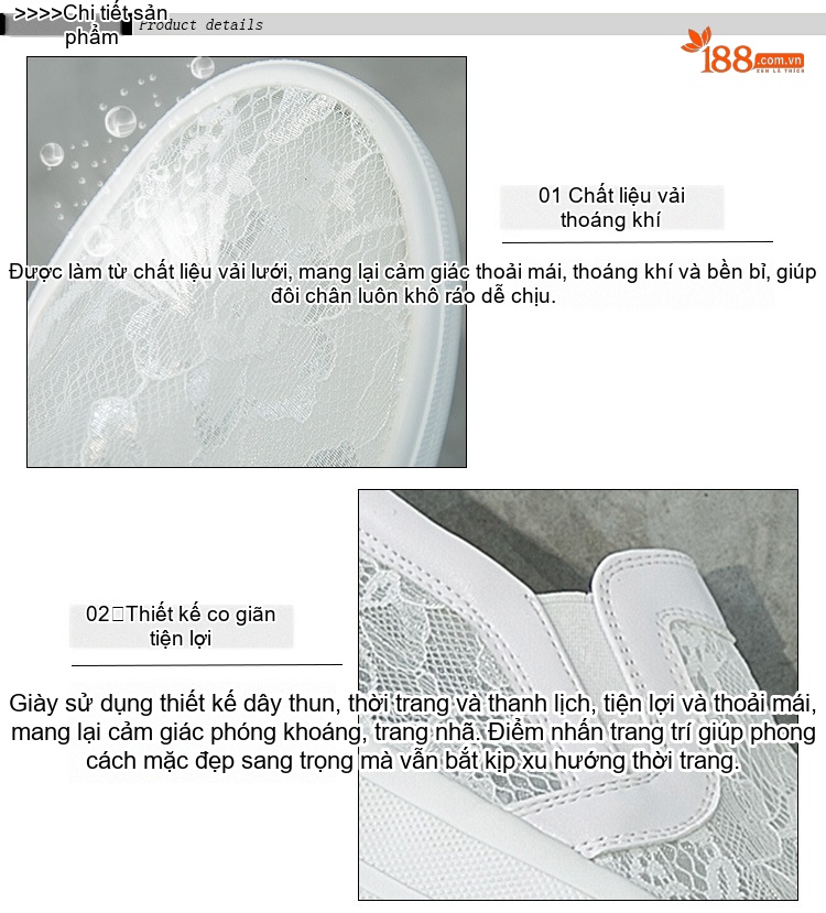 Giày Lười Nữ Vải Lưới Lỗ Thoáng Khí Chiều Cao Đế Khoảng 5cm, Đính Ren, Dây Thun Màu Đen, Trắng chi tiết 5