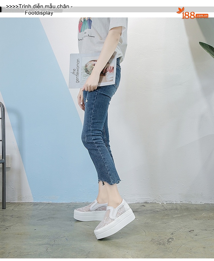 Giày Lười Nữ Vải Lưới Lỗ Thoáng Khí Chiều Cao Đế Khoảng 5cm, Đính Ren, Dây Thun Màu Đen, Trắng chi tiết 7