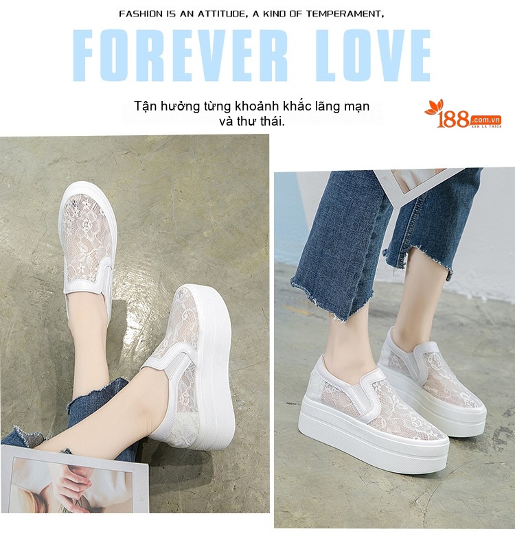 Giày Lười Nữ Vải Lưới Lỗ Thoáng Khí Chiều Cao Đế Khoảng 5cm, Đính Ren, Dây Thun Màu Đen, Trắng chi tiết 8