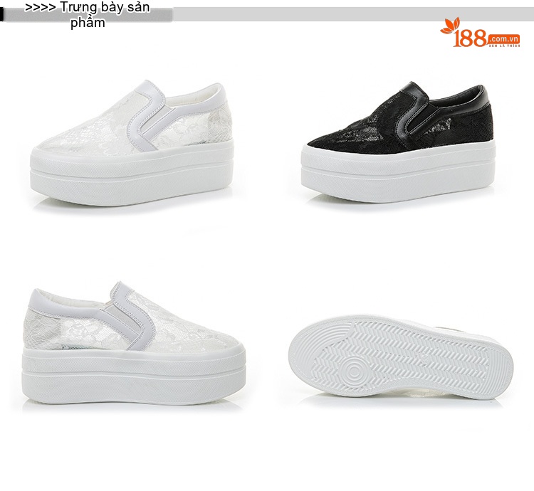 Giày Lười Nữ Vải Lưới Lỗ Thoáng Khí Chiều Cao Đế Khoảng 5cm, Đính Ren, Dây Thun Màu Đen, Trắng chi tiết 15