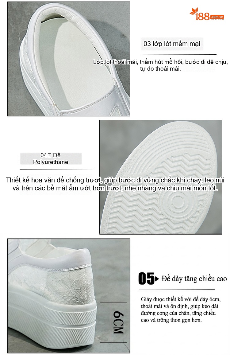 Giày Lười Nữ Vải Lưới Lỗ Thoáng Khí Chiều Cao Đế Khoảng 5cm, Đính Ren, Dây Thun Màu Đen, Trắng chi tiết 6