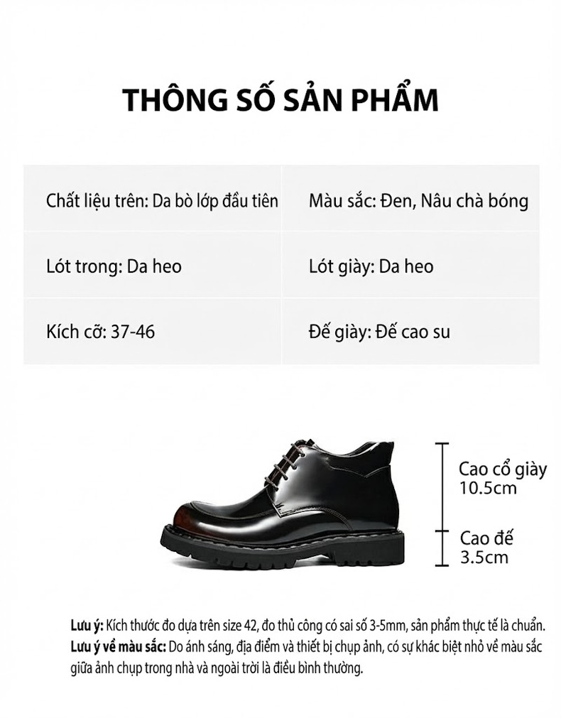 Giày Martens Nam Da Bóng Đế Dày Chiều Cao Đế Khoảng 4cm Màu Đen chi tiết 2