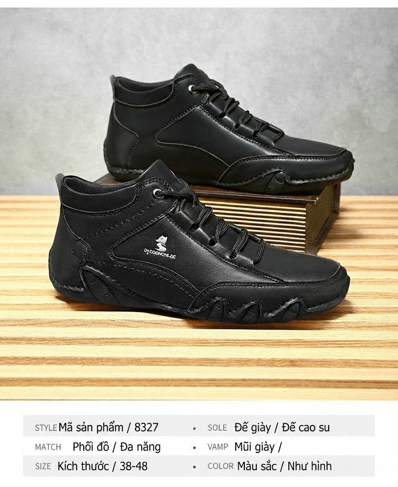 Giày Martin Cao Cổ Nam Da Bóng Chiều Cao Đế Khoảng 3cm Màu Đen, Xám, Xanh chi tiết 3