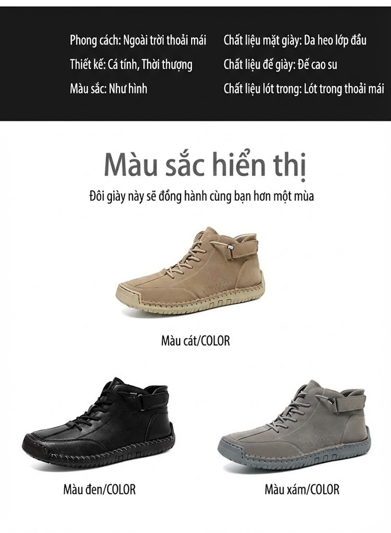 Giày Martin Cổ Cao Nam Da Mờ May Thủ Công Chiều Cao Đế Khoảng 3cm Màu Kem, Xám, Đen chi tiết 4