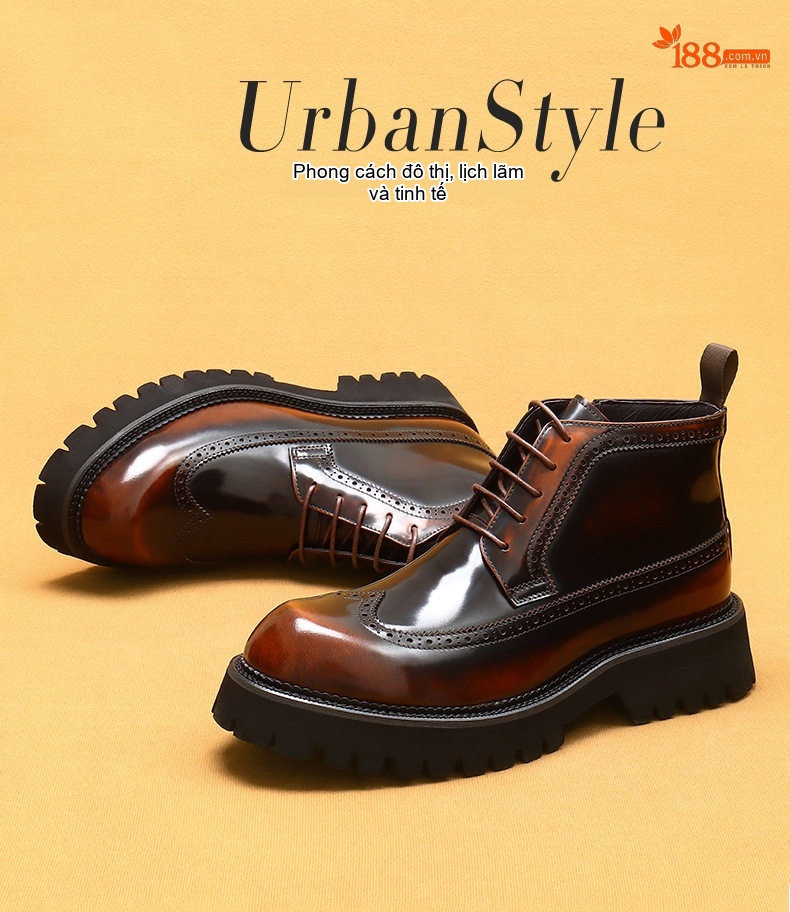 Giày Martin Nam Cao Cổ Phong Cách Anh Quốc Da Bóng Điêu Khắc Brogue Chiều Cao Đế Khoảng 5cm Màu Nâu Đậm, Đen chi tiết 1