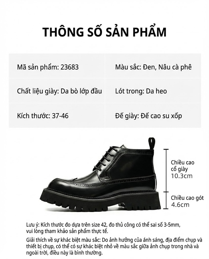 Giày Martin Nam Cao Cổ Phong Cách Anh Quốc Da Bóng Điêu Khắc Brogue Chiều Cao Đế Khoảng 5cm Màu Nâu Đậm, Đen chi tiết 2