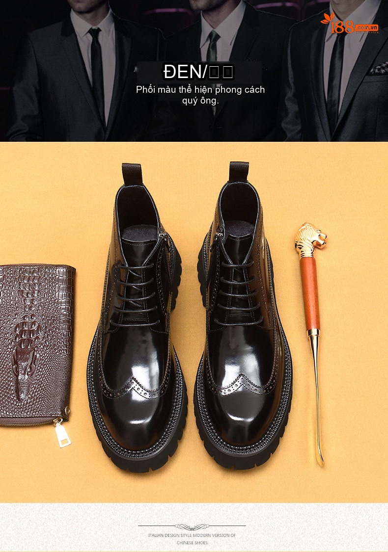 Giày Martin Nam Cao Cổ Phong Cách Anh Quốc Da Bóng Điêu Khắc Brogue Chiều Cao Đế Khoảng 5cm Màu Nâu Đậm, Đen chi tiết 4