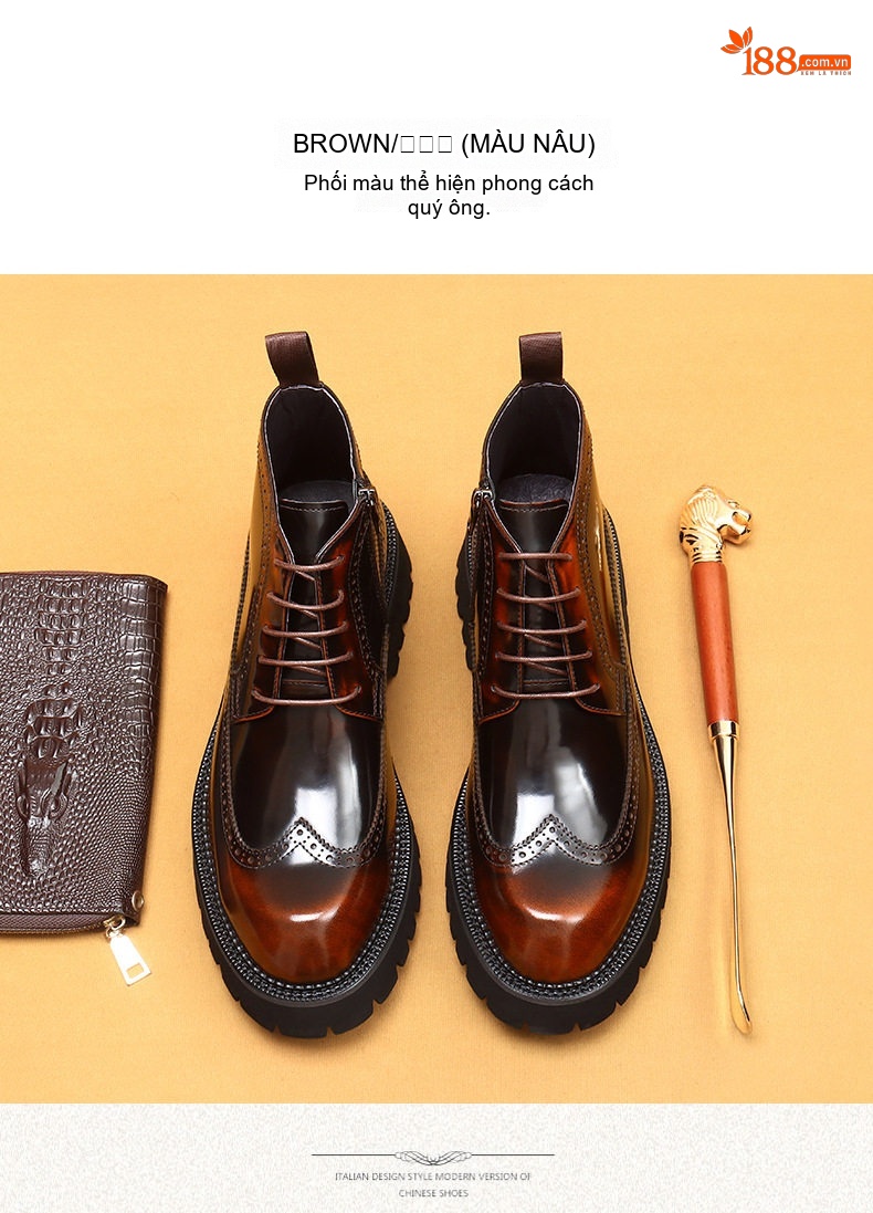 Giày Martin Nam Cao Cổ Phong Cách Anh Quốc Da Bóng Điêu Khắc Brogue Chiều Cao Đế Khoảng 5cm Màu Nâu Đậm, Đen chi tiết 12