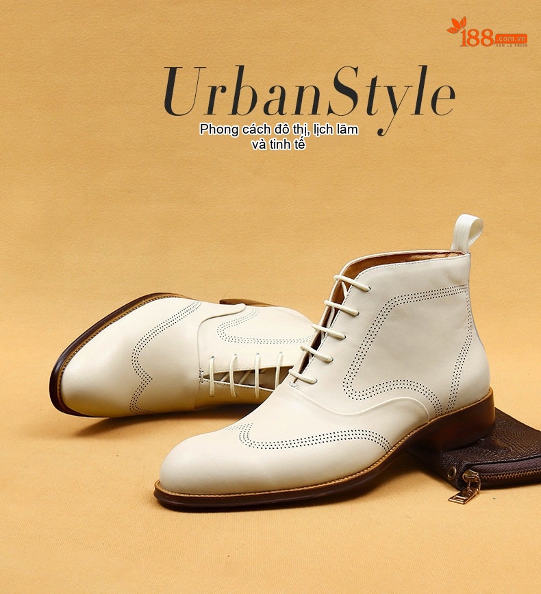 Giày Martin Nam Cao Cổ Phong Cách Anh Quốc Da Thật Brogue Chiều Cao Đế Khoảng 3cm Màu Trắng chi tiết 1