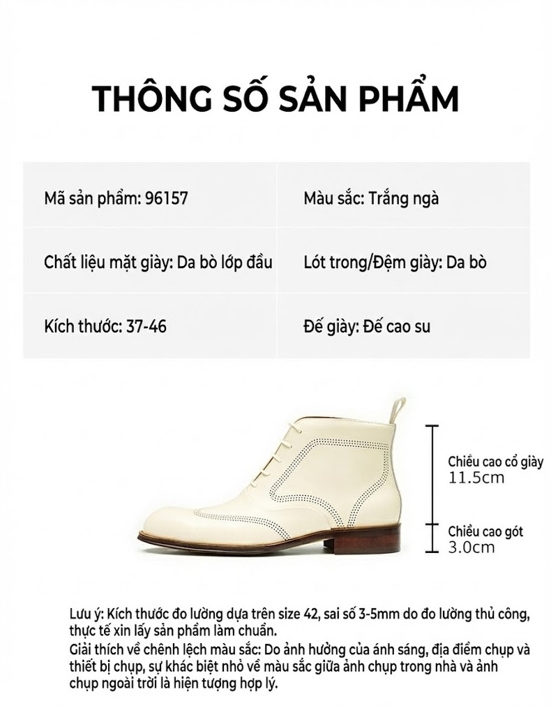 Giày Martin Nam Cao Cổ Phong Cách Anh Quốc Da Thật Brogue Chiều Cao Đế Khoảng 3cm Màu Trắng chi tiết 2