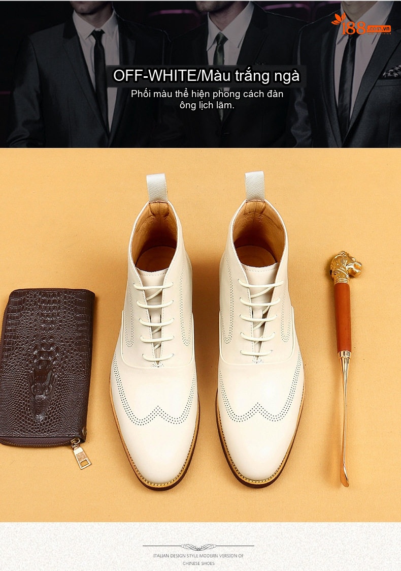 Giày Martin Nam Cao Cổ Phong Cách Anh Quốc Da Thật Brogue Chiều Cao Đế Khoảng 3cm Màu Trắng chi tiết 4