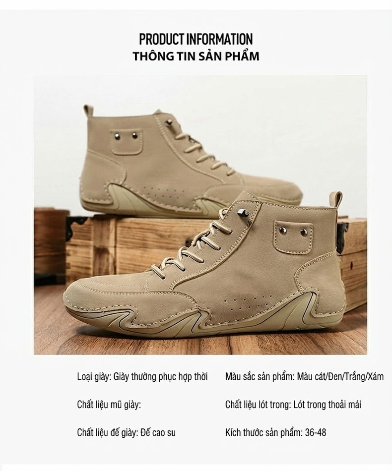 Giày Martin Nam Cổ Cao Buộc Dây Da Mờ Chiều Cao Đế Khoảng 3cm Màu Kem, Trắng, Đen, Xám chi tiết 4
