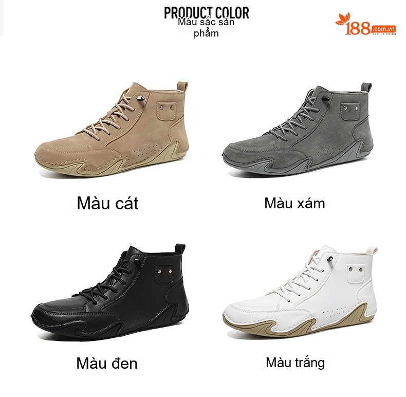 Giày Martin Nam Cổ Cao Buộc Dây Da Mờ Chiều Cao Đế Khoảng 3cm Màu Kem, Trắng, Đen, Xám chi tiết 5