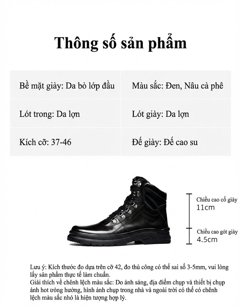 Giày Martin Nam Cổ Cao Da Bò Mũi Tròn Phong Cách Anh Chiều Cao Đế Khoảng 4cm Màu Đen, Nâu Đỏ chi tiết 2