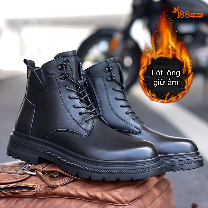 Giày Martin Nam Da Bò Cao Cổ Phong Cách Đường Phố Chiều Cao Đế Khoảng 3cm Màu Đen