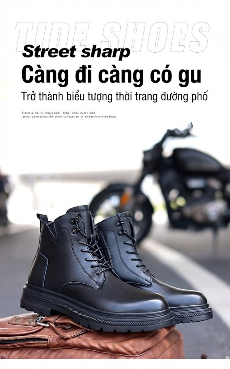 Giày Martin Nam Da Bò Cao Cổ Phong Cách Đường Phố Chiều Cao Đế Khoảng 3cm Màu Đen chi tiết 1