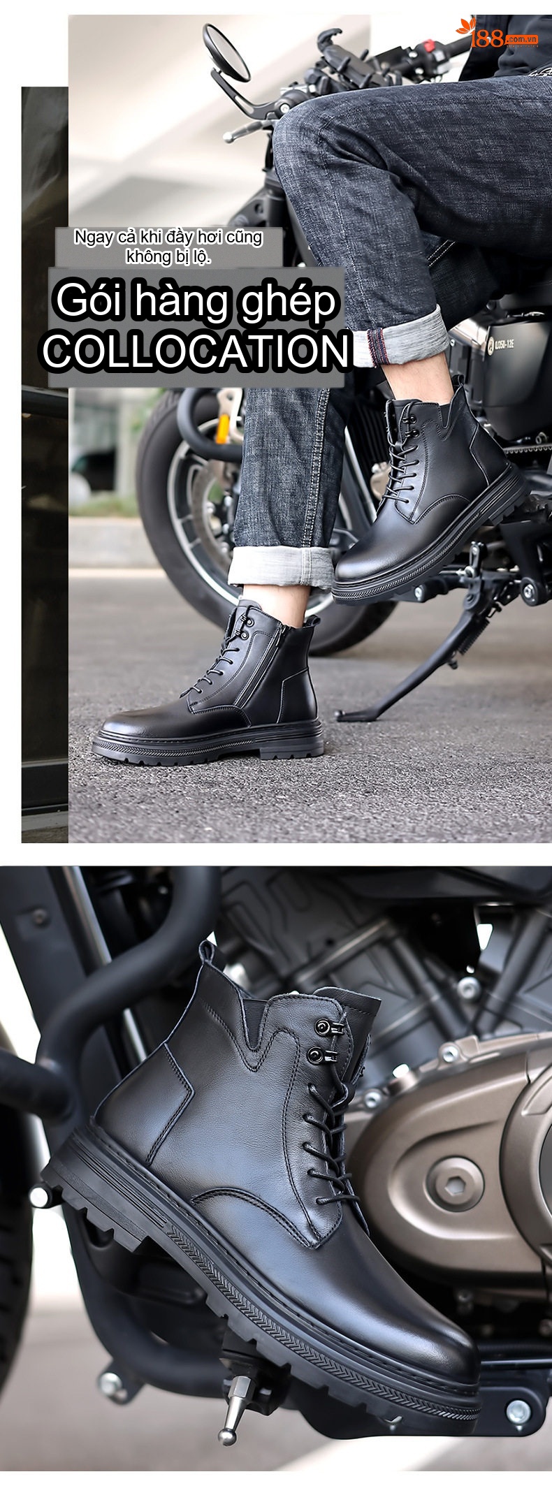 Giày Martin Nam Da Bò Cao Cổ Phong Cách Đường Phố Chiều Cao Đế Khoảng 3cm Màu Đen chi tiết 9