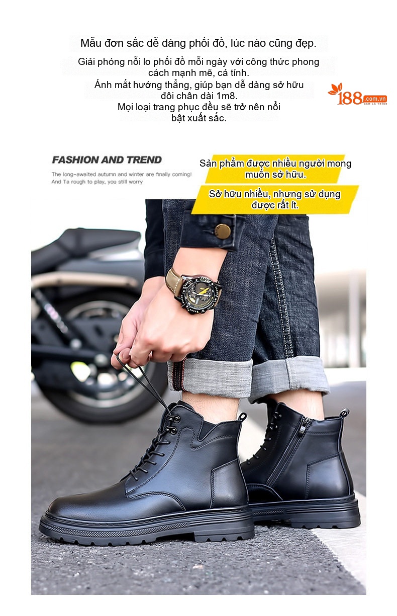 Giày Martin Nam Da Bò Cao Cổ Phong Cách Đường Phố Chiều Cao Đế Khoảng 3cm Màu Đen chi tiết 2