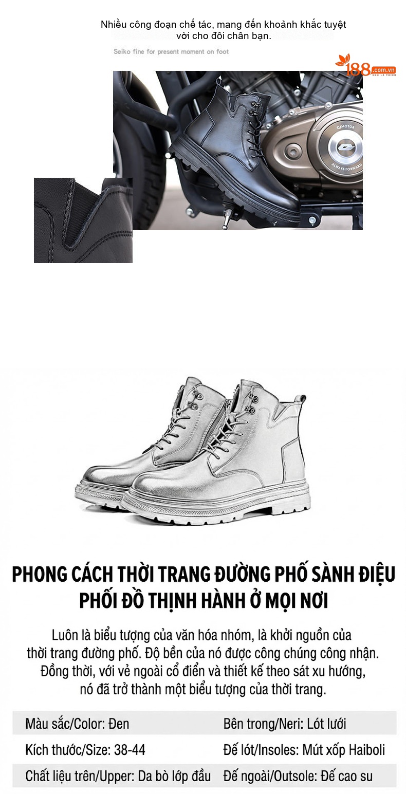 Giày Martin Nam Da Bò Cao Cổ Phong Cách Đường Phố Chiều Cao Đế Khoảng 3cm Màu Đen chi tiết 4