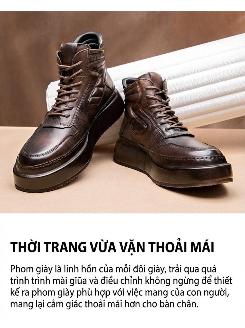 Giày Martin Nam Da Bò Cổ Cao Buộc Dây Chiều Cao Đế Khoảng 5cm Màu Nâu, Đen chi tiết 3