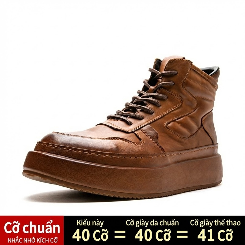 Giày Martin Nam Da Bò Cổ Cao Buộc Dây Chiều Cao Đế Khoảng 5cm Màu Nâu, Đen