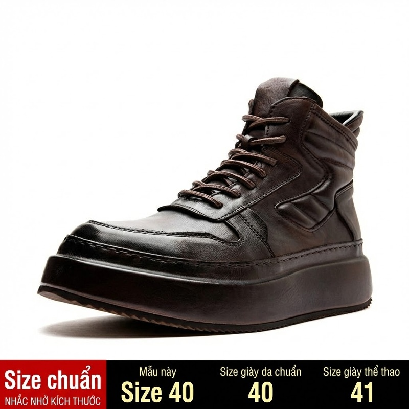 Giày Martin Nam Da Bò Cổ Cao Buộc Dây Chiều Cao Đế Khoảng 5cm Màu Nâu, Đen