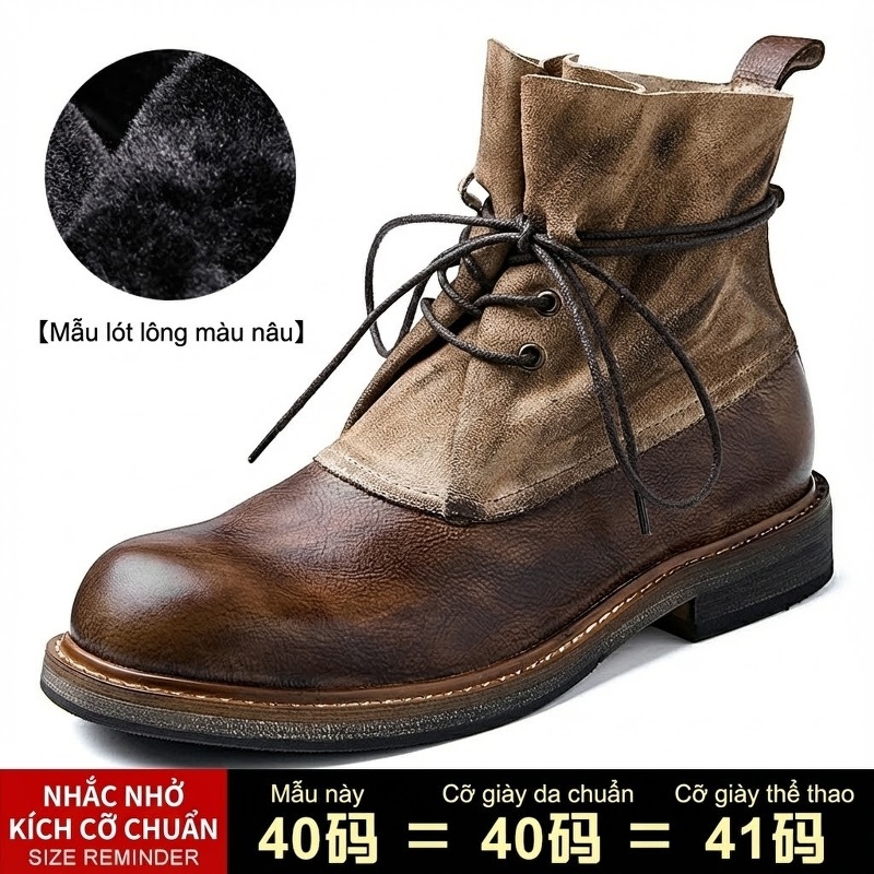 Giày Martin Nam Da Bò Cổ Ngắn Có Dây Chiều Cao Đế Khoảng 3cm Phong Cách Anh Quốc Màu Nâu