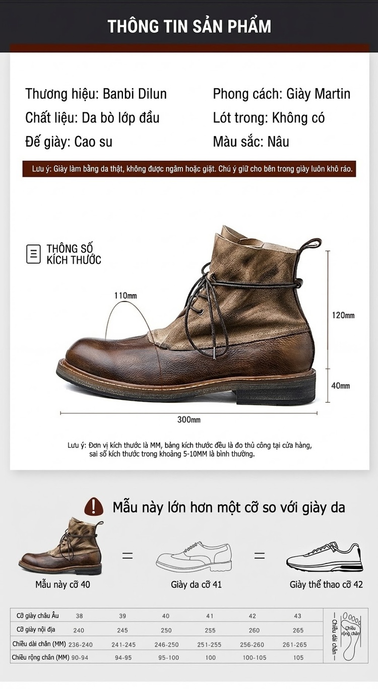 Giày Martin Nam Da Bò Cổ Ngắn Có Dây Chiều Cao Đế Khoảng 3cm Phong Cách Anh Quốc Màu Nâu chi tiết 4