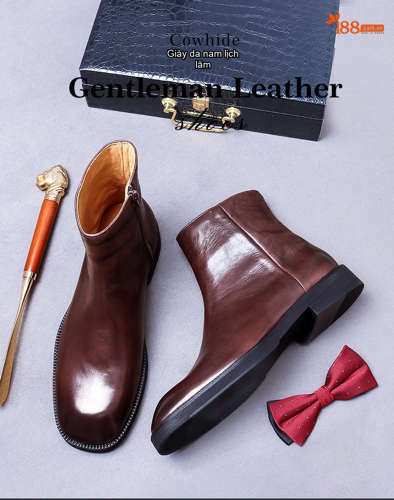 Giày Martin Nam Da Bò Khóa Kéo Phong Cách Anh Chiều Cao Đế Khoảng 3cm Màu Nâu, Đen chi tiết 1